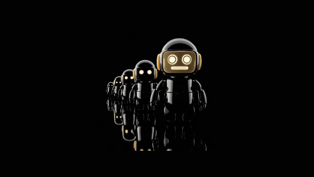 A row of sleek, black robotic agents with glowing yellow accents, standing on a reflective surface against a pitch-black background, representing EfficusAI's advanced and efficient AI automation solutions.